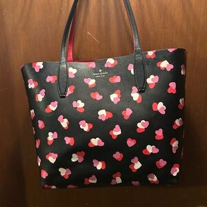 Kate Spade Black Tote with Pink and Red Hearts reversible to red